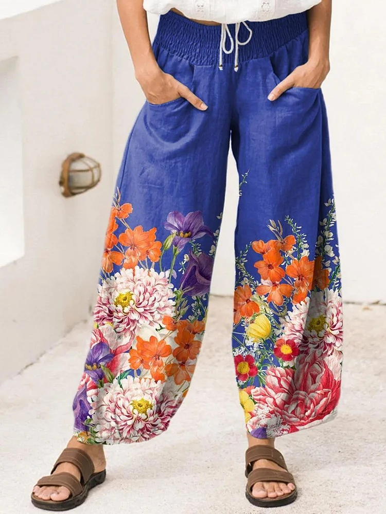 Women's Lovely Floral Art Print Cotton Wide Leg Pants