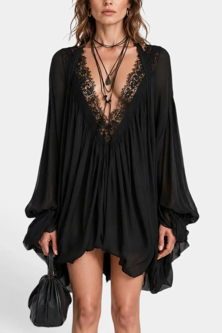 Deep V-Lace Trimmed Loose Short Dress
