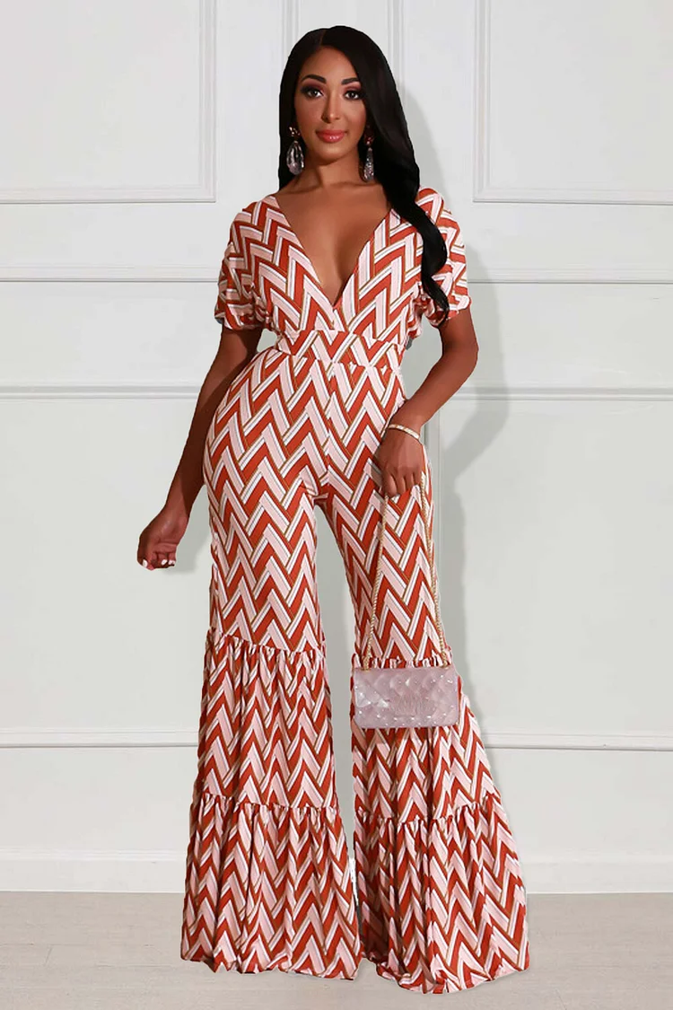Geometric Print Plunge Neck Short Sleeve Flared Leg Jumpsuit-Pink