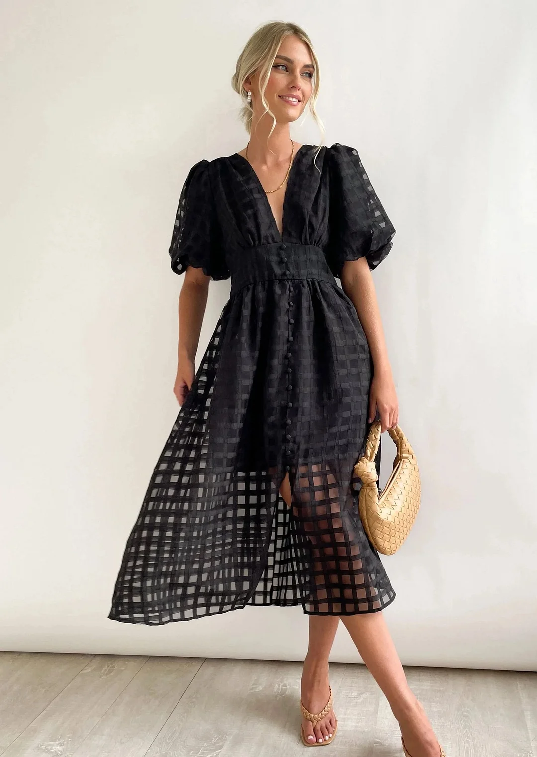 Beauty Square Patterned Fabric Puff Sleeve Midi Dress