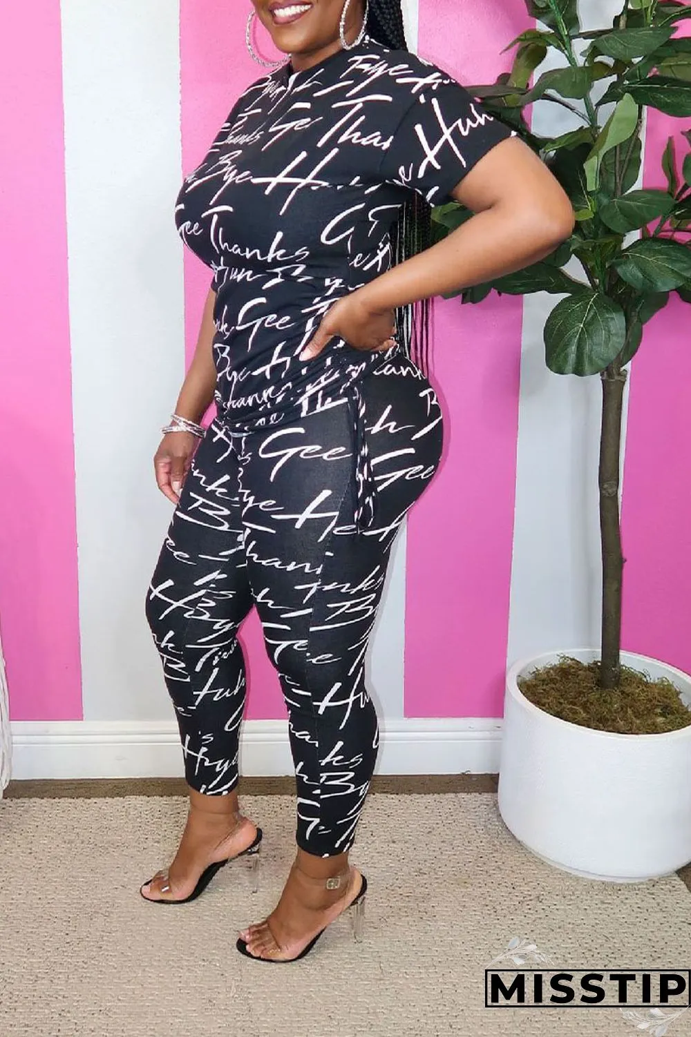 Black Casual Print Patchwork O Neck Short Sleeve Two Pieces