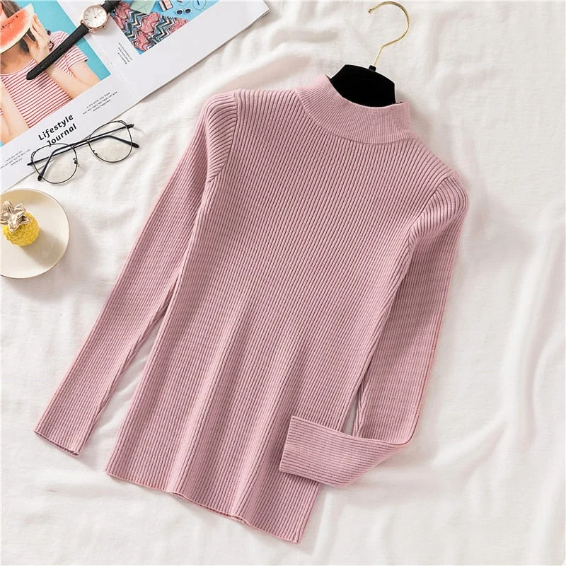 Zoki Autumn Women Pullover Sweater Half Turtleneck Long Sleeve Knitted Jumper Winter Elastic Solid Basic Ladies Blouse New 2021