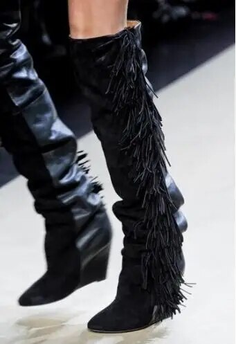 VCSHOES Women Knee High Suede Fringe Boots Black/White/Gray Platform Wedged Tall Boots Women Motorcycle Tassel Boots