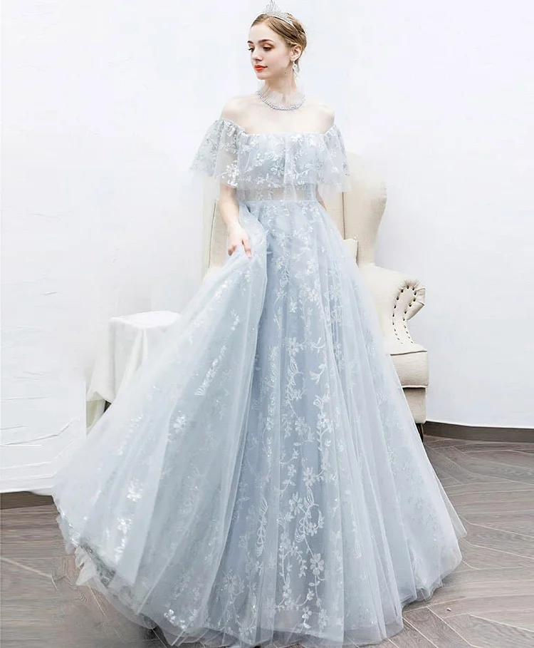 Light Blue Tulle Lace Long Prom Dress Blue Tulle Lace Evening Dress