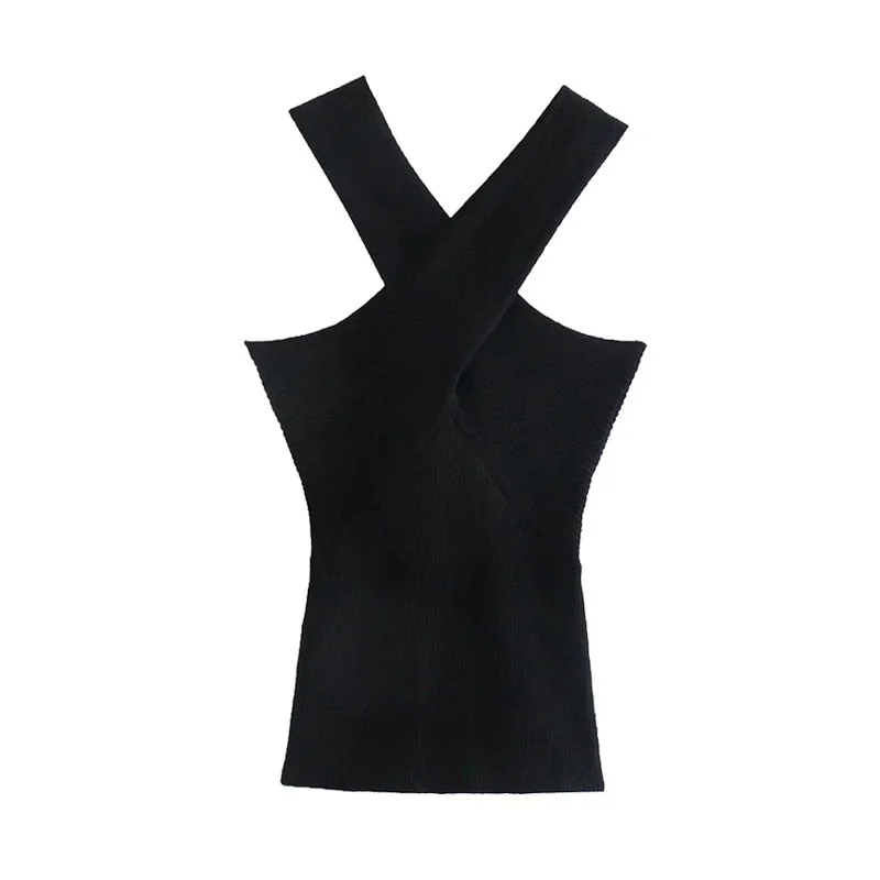 TRAF Women Sexy Fashion Cross Straps Knitted Tank Tops Vintage Strapless Slim Fitted Female Camis Chic Tops