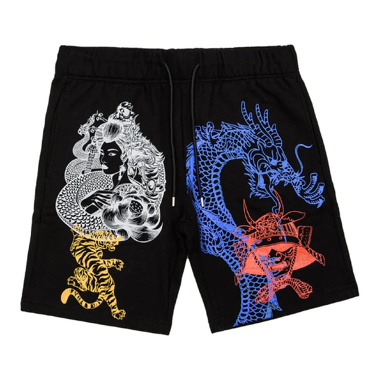 Black Dragon and Phoenix Asymmetric Print Shorts