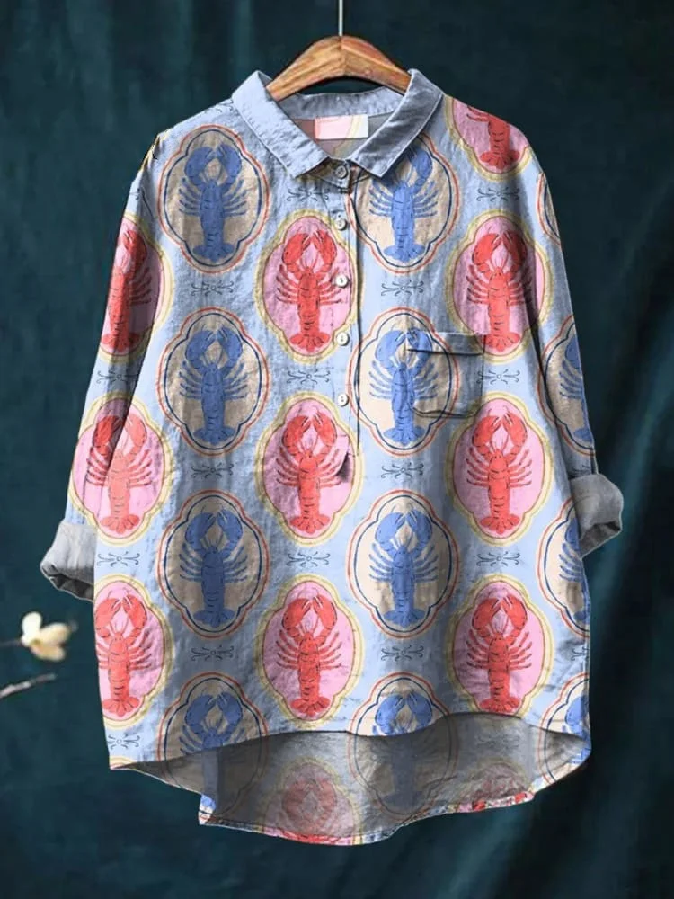 Vintage Lovely Lobster Pattern Art Print Casual Cotton And Linen Shirt