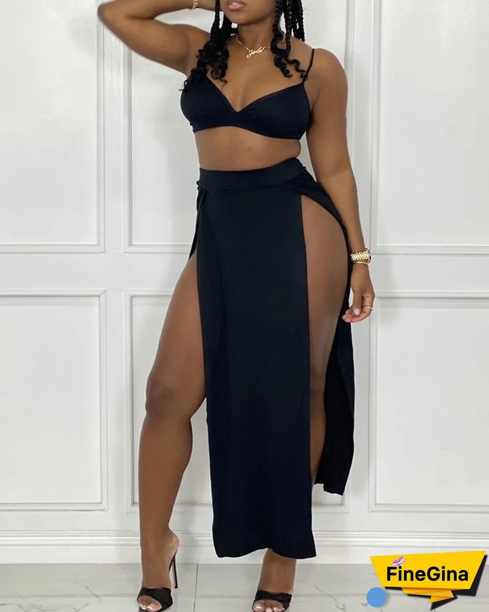 Solid Color Cami Top & Split Thigh Skirt Set