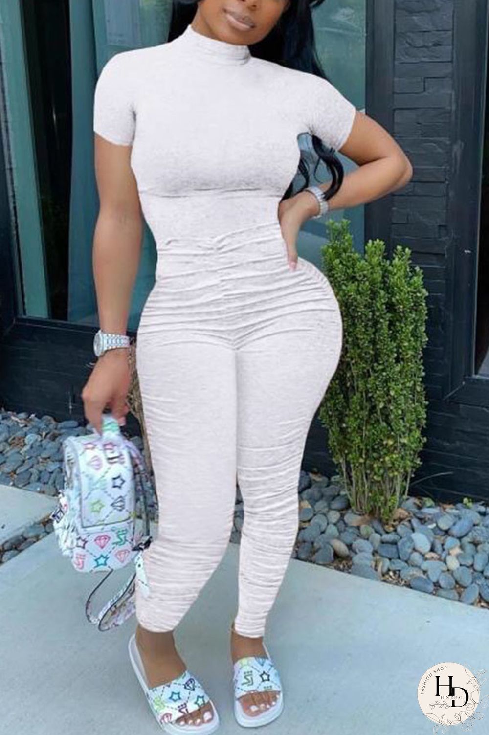 Fluorescent Yellow Fashion Casual Solid Draped Polyester Short Sleeve O Neck Jumpsuits