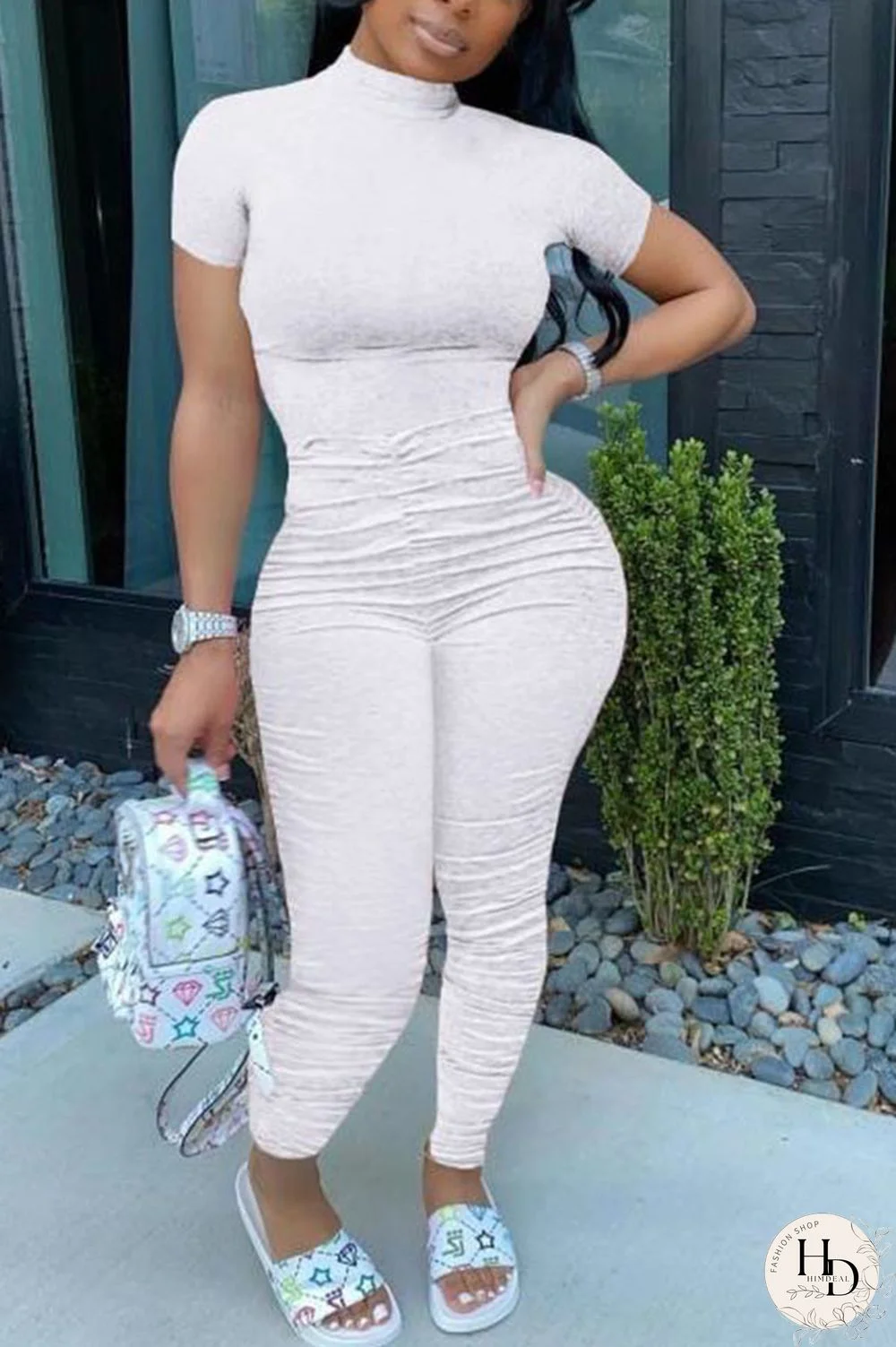 Fluorescent Yellow Fashion Casual Solid Draped Polyester Short Sleeve O Neck Jumpsuits