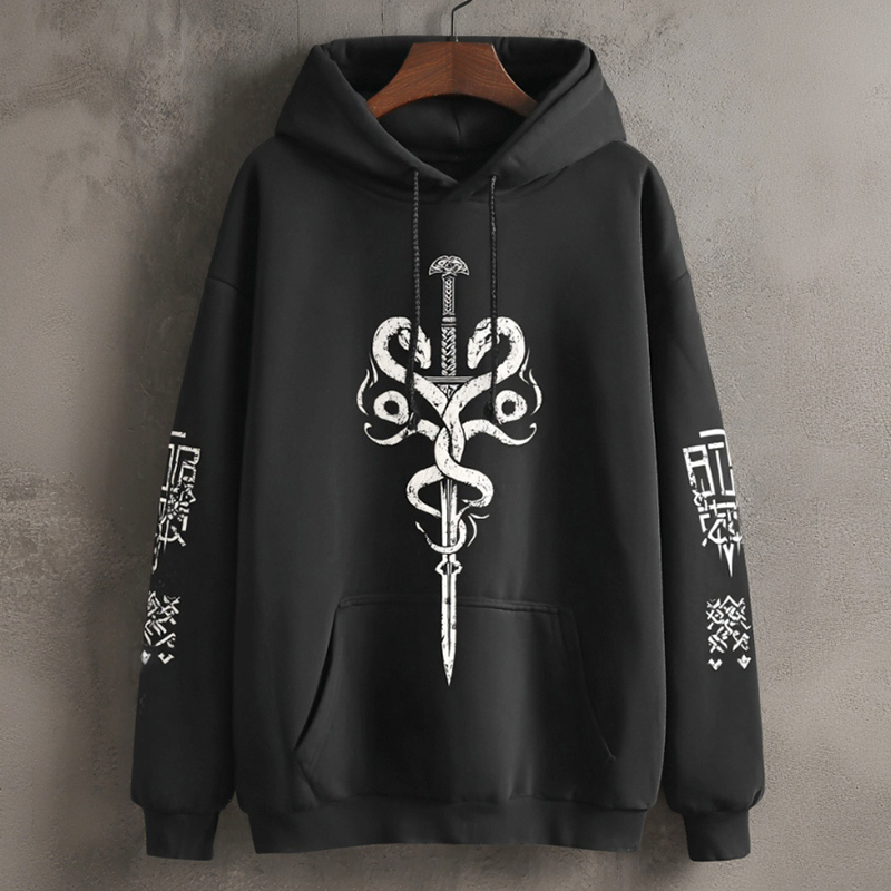 Men's Retro Celtic Style Snake And Sword Print Hoodie elevenforest