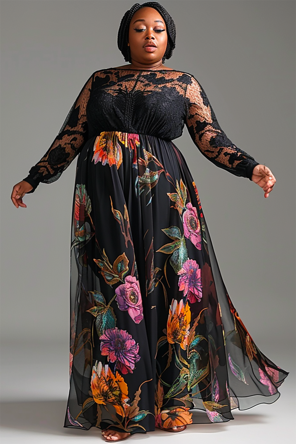 Design Plus Size Semi Formal Elegant Black Floral Round Neck Long Sleeve See Through Mesh Maxi Dresses [Pre-Order]