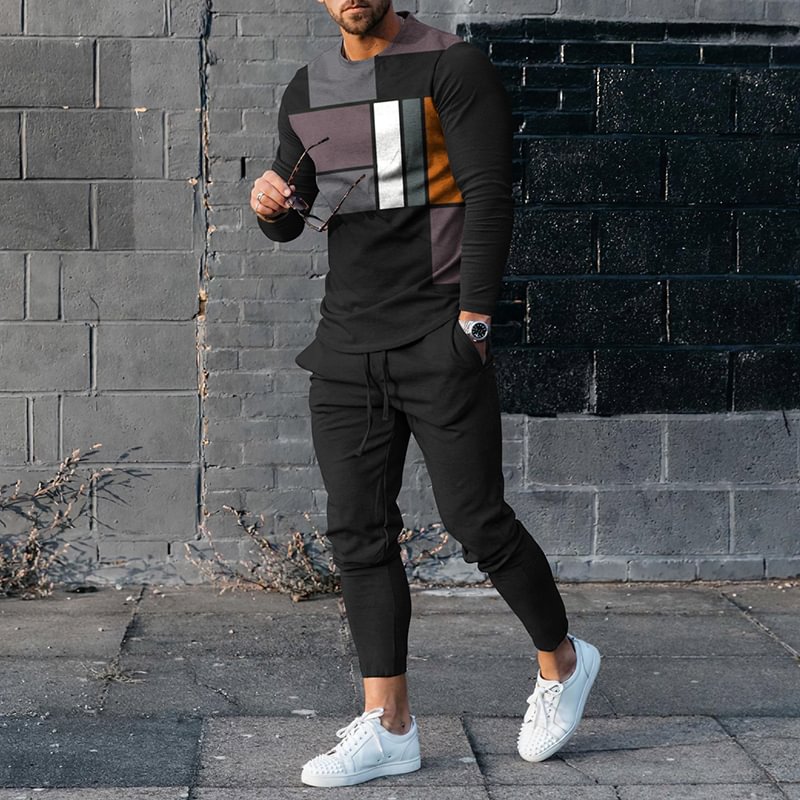 Men's  Geometric Color Block Splicing Long Sleeve T-Shirt And Pants Co-Ord