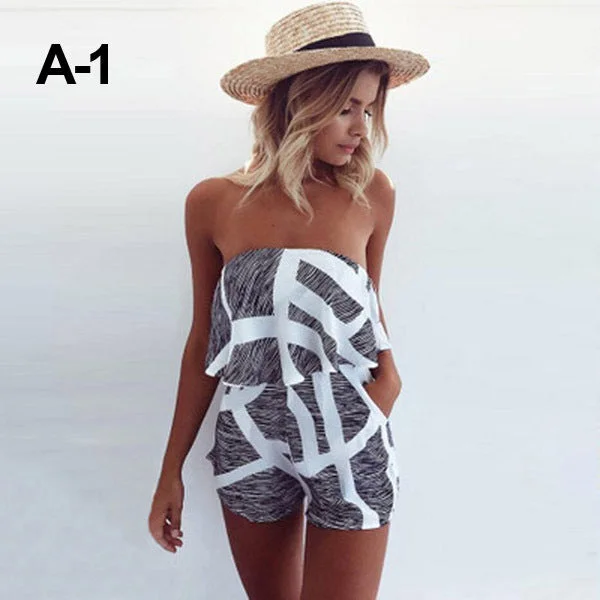 Brownm V-neck Off-neck Ruffled Striped Printed Dresses