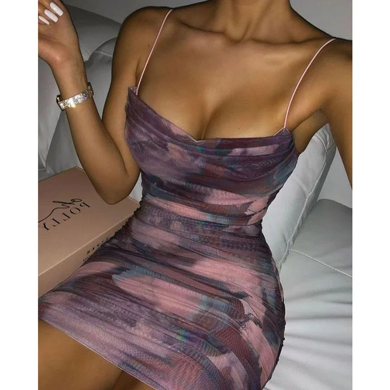 wsevypo Party Club Sheath Dress Summer Women's Suspender Ruched Draped Mini Bodycon Dress Sexy Low Cut Backless Sundress