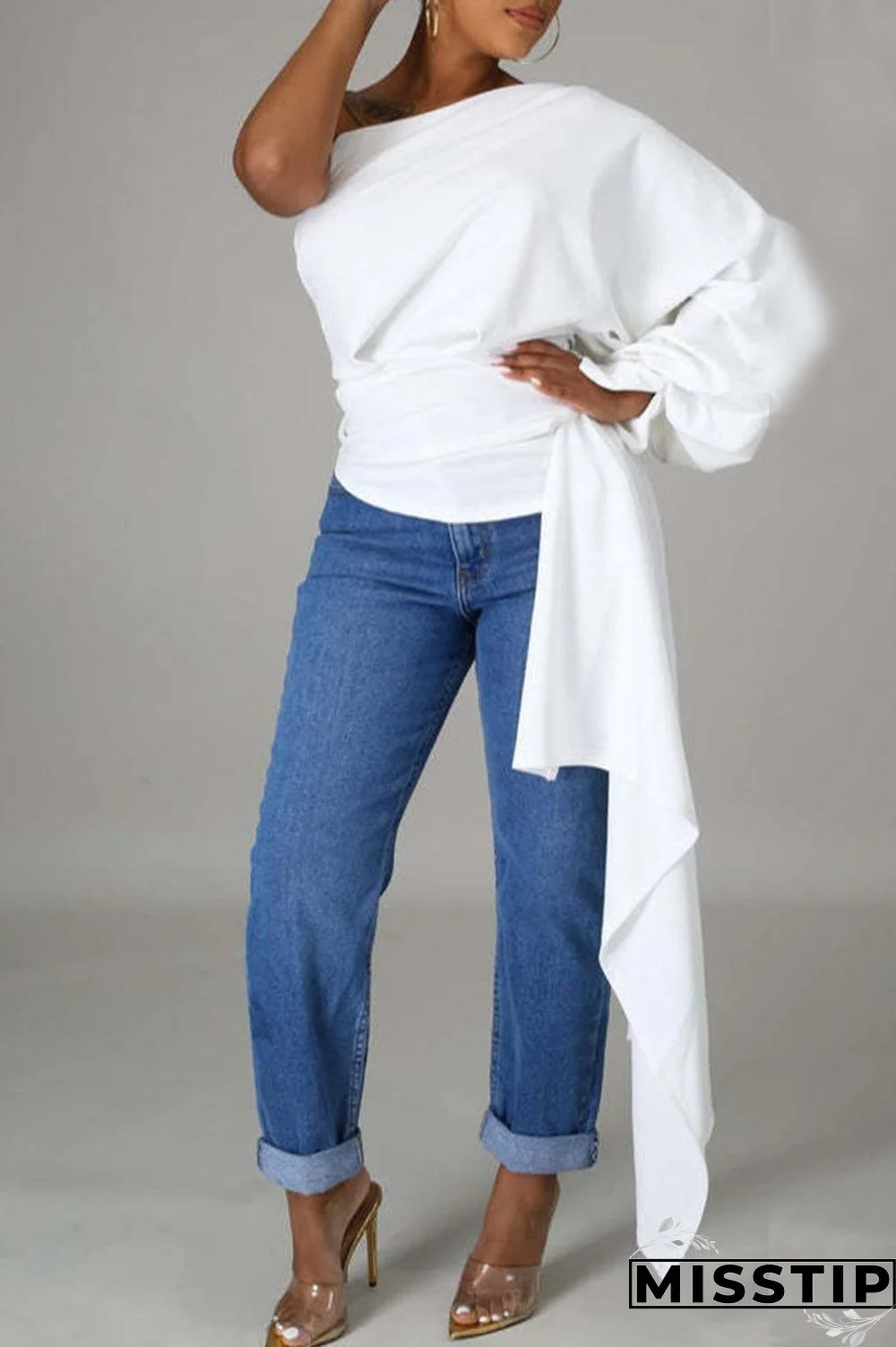 Black Casual Solid Patchwork Asymmetrical Oblique Collar Tops