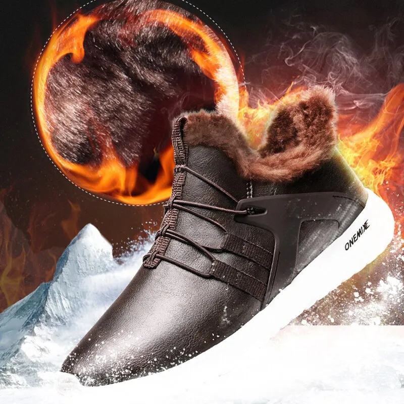 ONEMIX Men Boots Casual Winter Sneakers High Top Leather  New Vintage Warm Comfortable Plush Snow Ankle Boots Walking Shoes