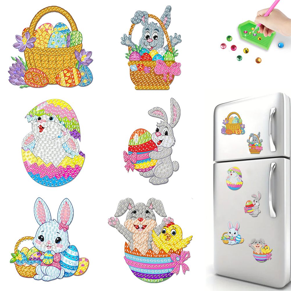 6Pcs Acrylic Egg Bunny Diamond Art Refrigerator Magnets Sticker for Beginners