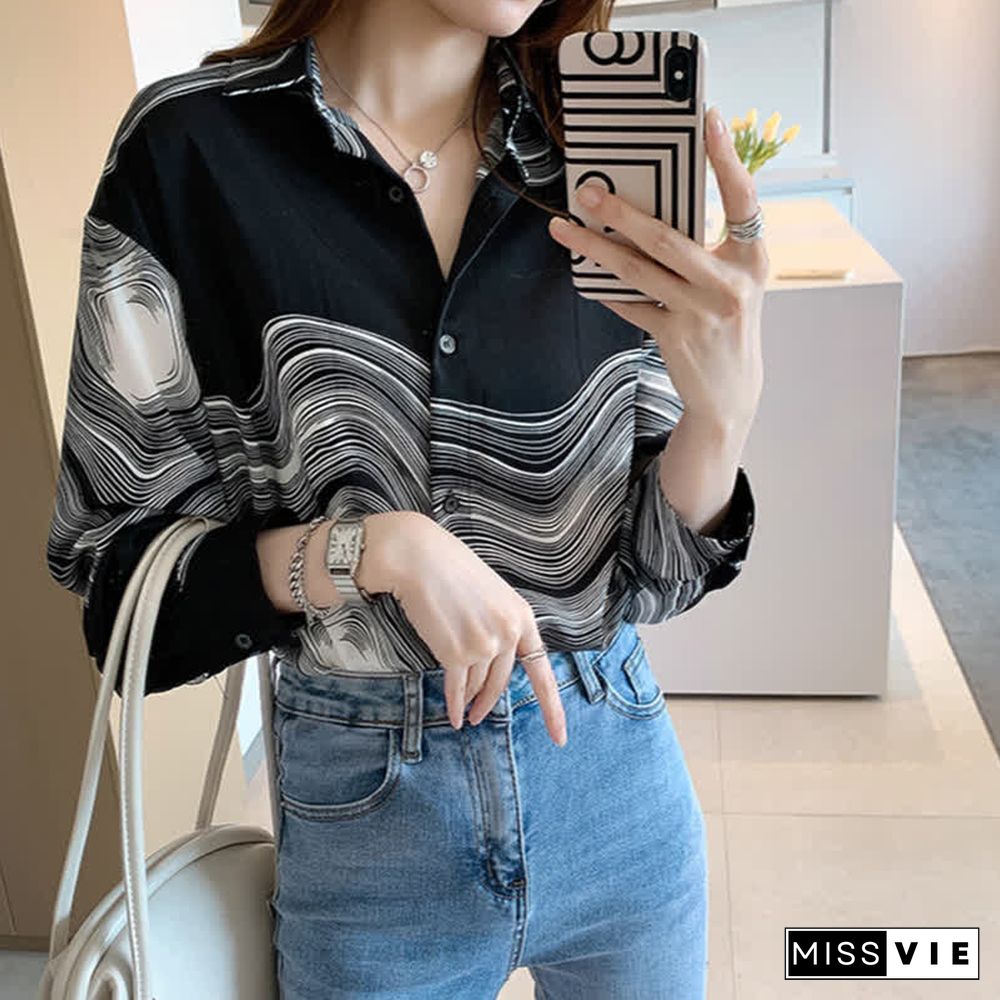 Colorblock Stripe Print Lapel Shirt Workwear