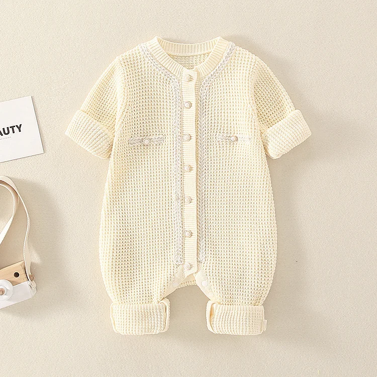 Baby Girl Solid Color Button Up Knitted Romper