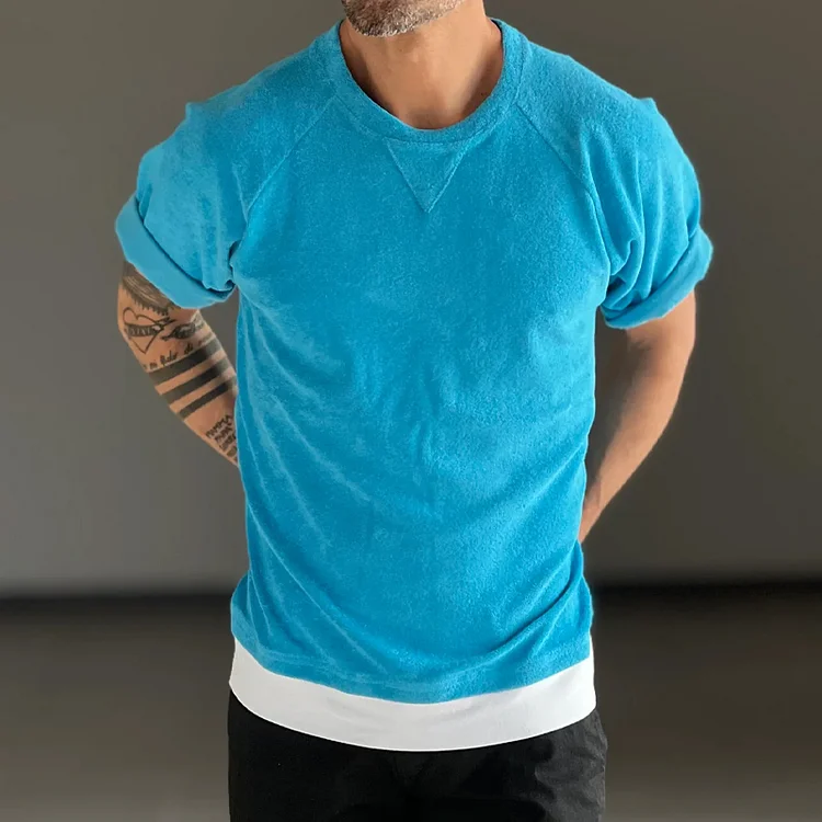 Retro Blue Cotton Round Neck Raglan Sleeve T-Shirt