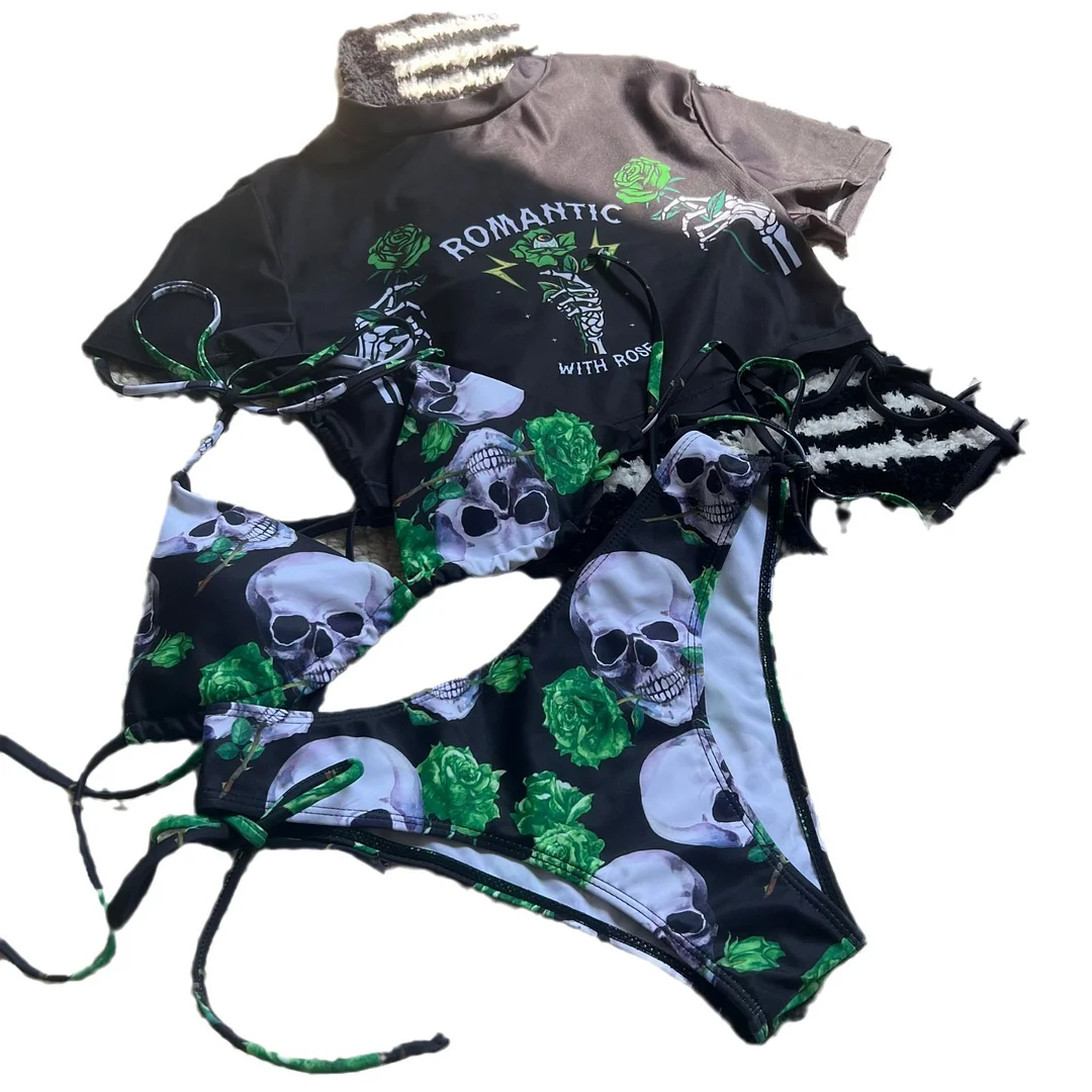 Uveng 2023 New Sexy Ckus And Cinne Rose Printed Three-Piece Swimsuit Swimsuit Bikini