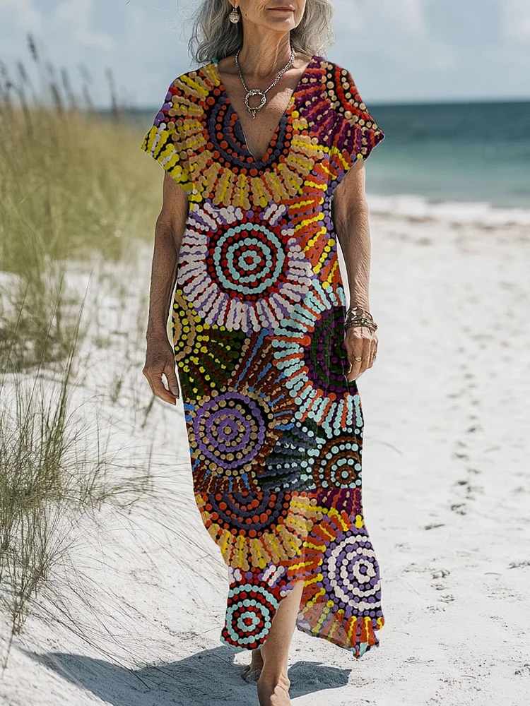 Women's Vintage Art Print Pocket Cotton Dress