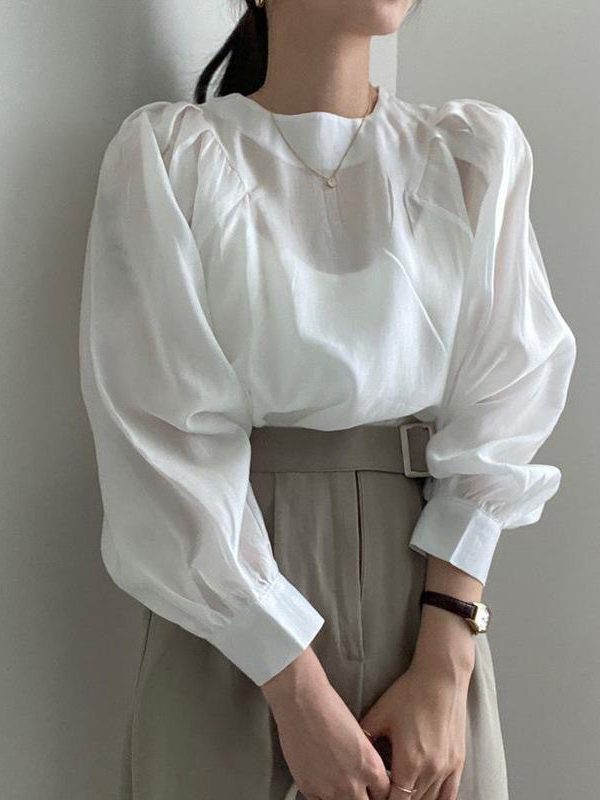 Puff Sleeve Pleated Detail Round Neck Solid Color Casual Top