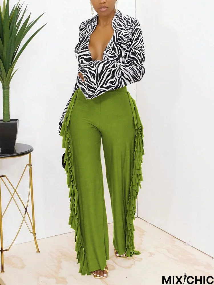 Elastic Waist Solid Tassel Wide Leg Long Pants