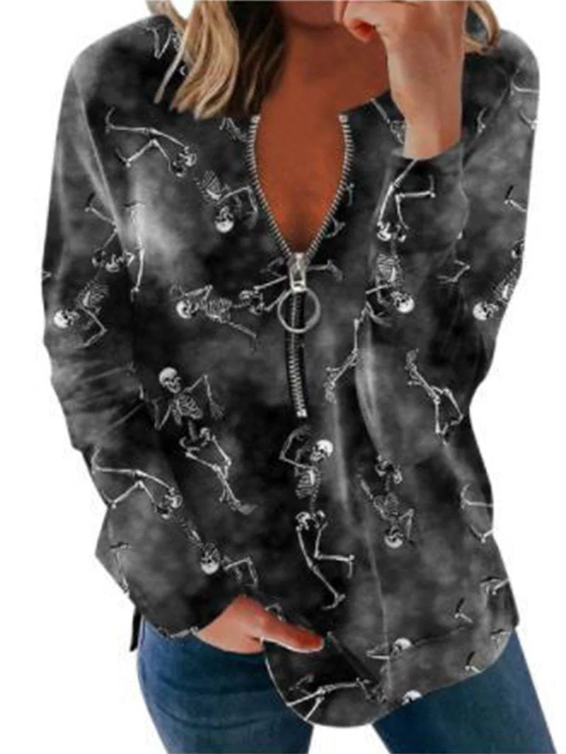 Halloween theme print long-sleeved zipper casual loose top