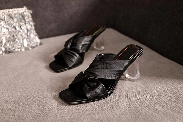Gold Metallic Leather Knot Sandals Chunky High Heel Open Toe Mule Sandals 9CM Designer Shoes Summer Woman Size 41 Block Heel