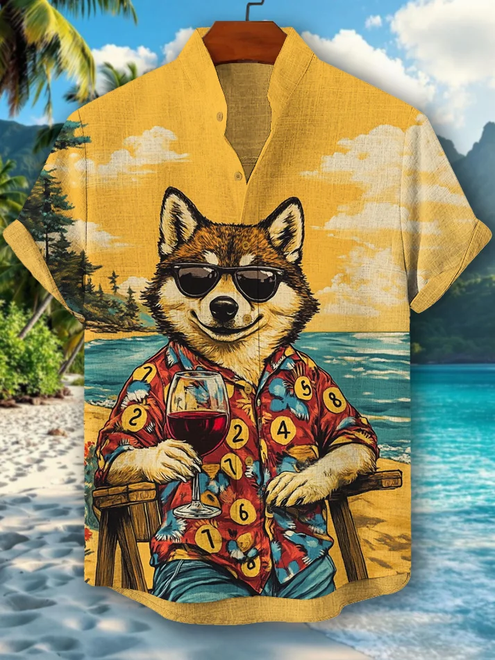 Men's Numbers Shirt Dog Drinking Red Wine Vacation Time Art Print Casual Shirt