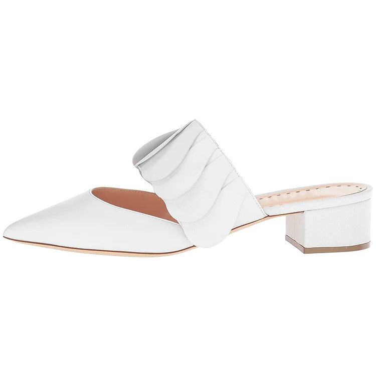White Pointed Toe Low Chunky Heel Mules for Women |FSJ Shoes