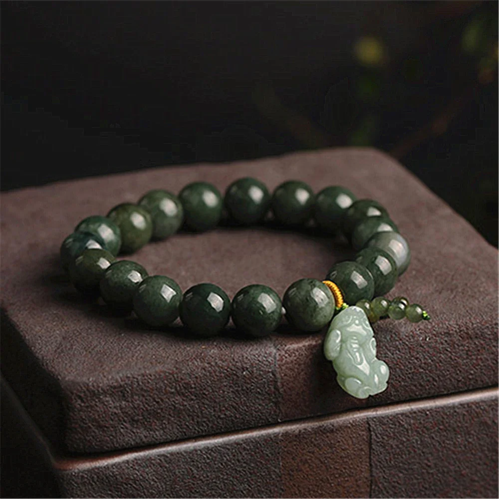 Natural Jade Bracelet Oil Green Pixiu Feng Shui Good Luck Charm for Men and Women, Single Circle Buddhist Prayer Beads Wristband with Jade Pixiu Pendant