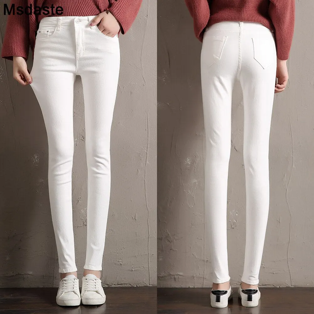 White Warm Jeans Women Winter Wear Black Grey Female Denim Trousers Young Ladies Slim Skinny Streetwear Jean Fleece Pencil Pants