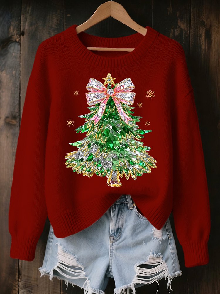 Rhinestone Christmas Tree Art Cozy Knit Sweater elevenforest