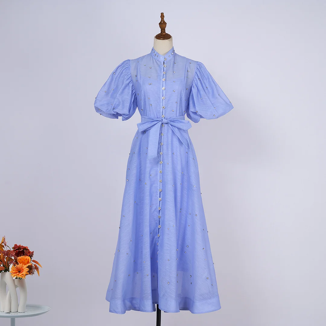 Nigikala Nigikala Court Style High Design Feeling Heavy Industry Nail Drill Short Sleeve Single Buckle Dress + Sling