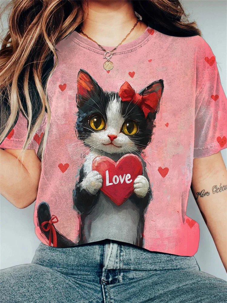 Women's Valentine's Day Romantic Cat Art Print Casual T-Shirt