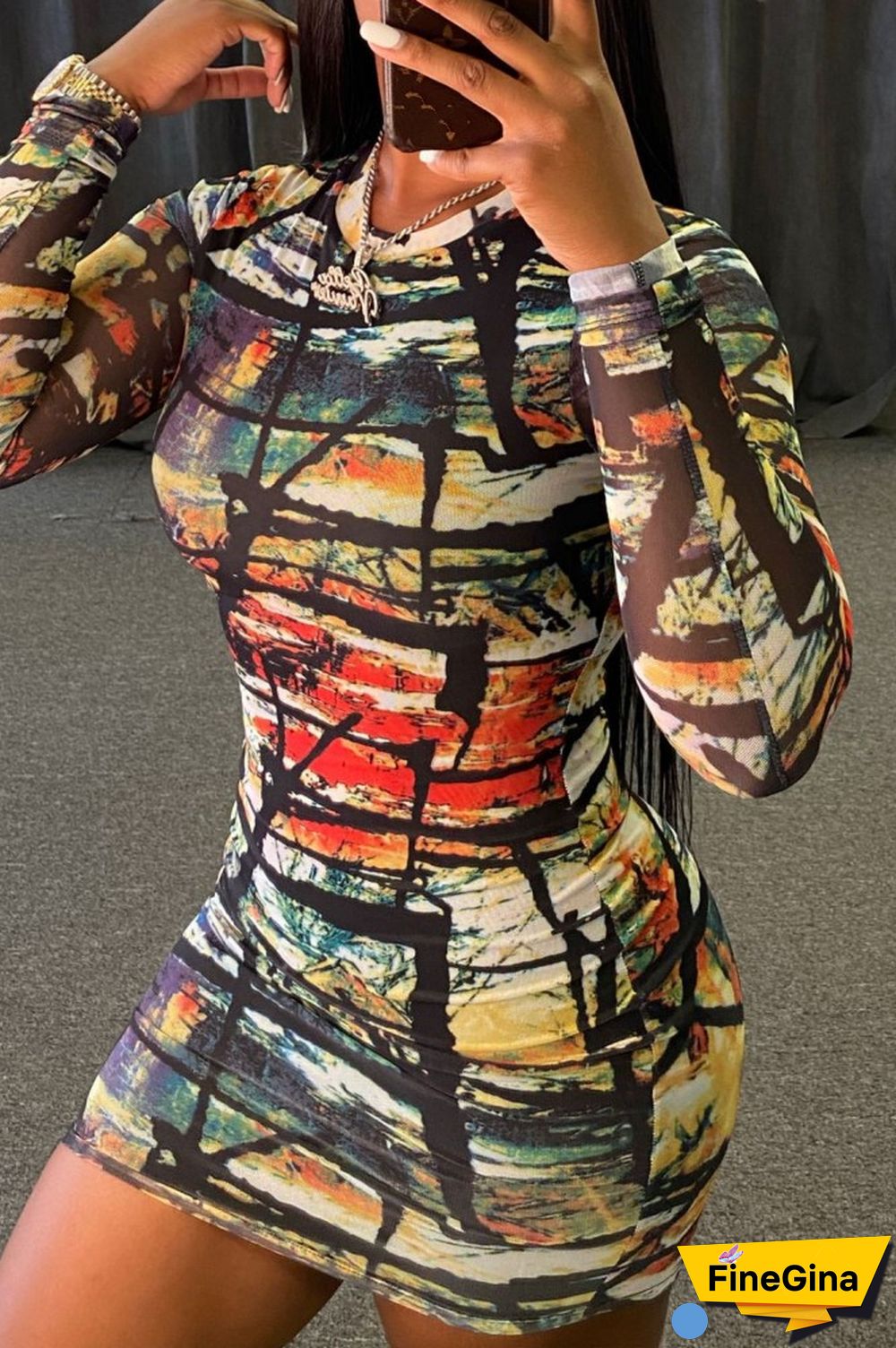 Colour Casual Print Basic O Neck Long Sleeve Dresses