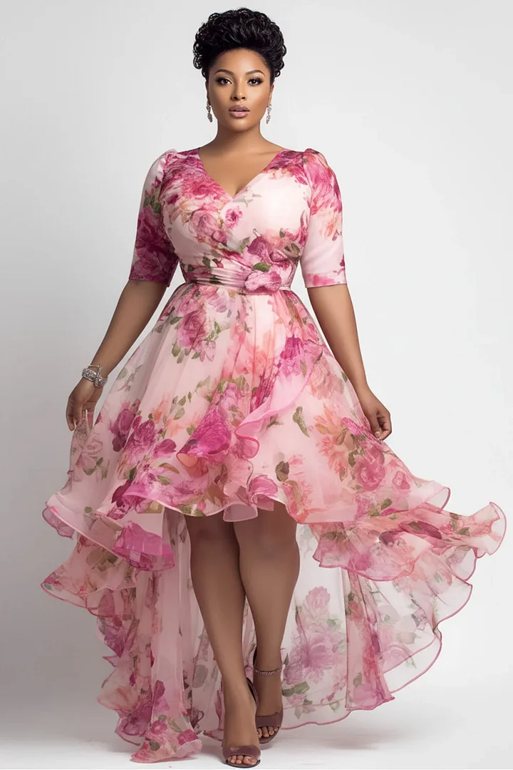 Xpluswear Design Plus Size Party Pink Floral Wrap Neck Short Sleeve High Low Hem Ruffle Chiffon Mini Dresses 2024 - Xpluswear