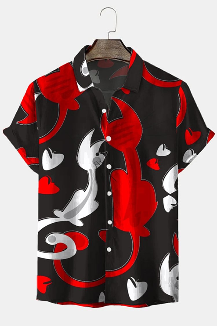 Fashion Colorblock Cat Print Short Sleeve Shirt