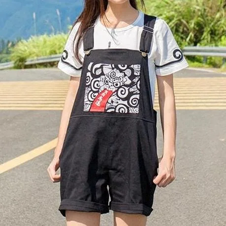 Black Harajuku Dragon Overall Shorts SP1710206