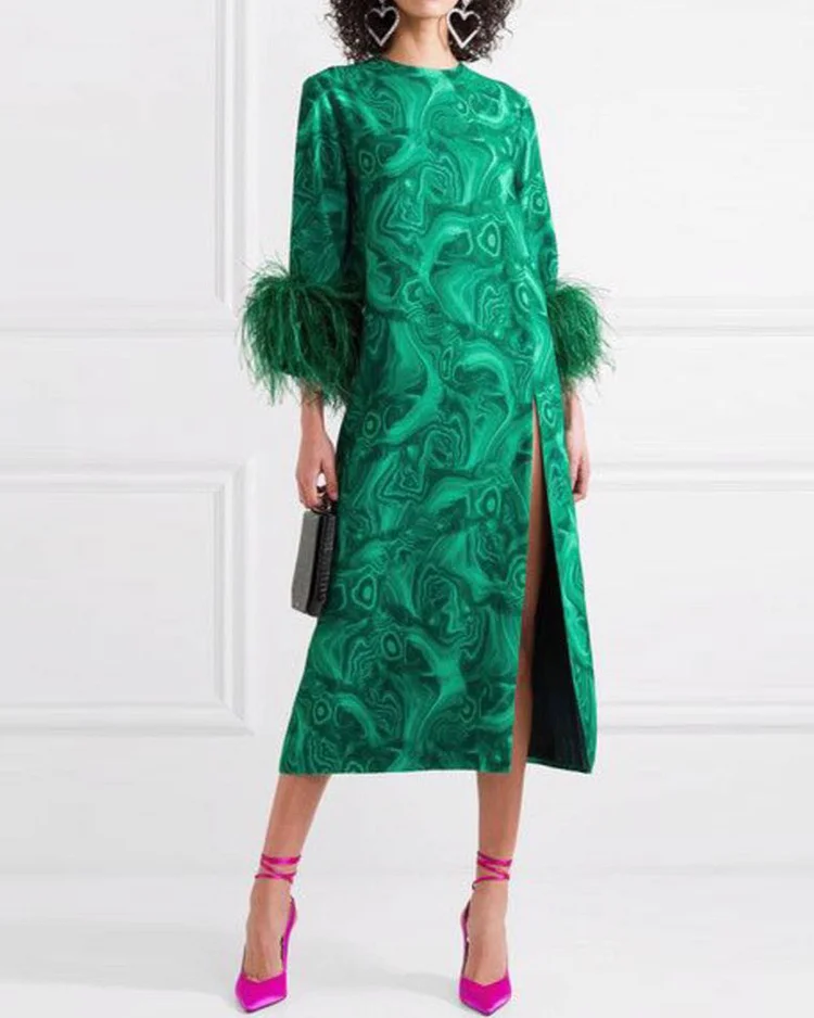 Elegant floral print feather dress