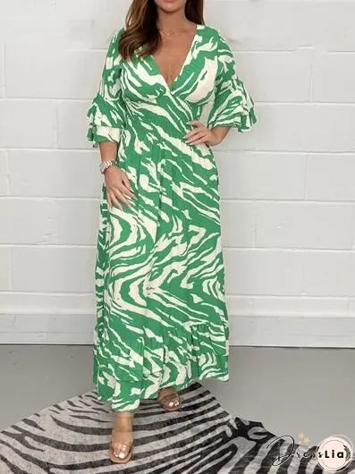 Smocked Printed Flounce Sleeve Maxi Dress