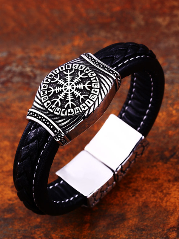 Men's Retro Pattern PU Leather Black Bracelet