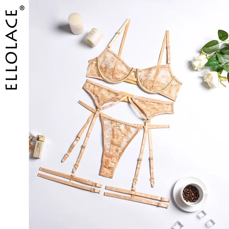 Ellolace Sensual Lingerie Woman Embroidery Lace Sexy Underwire Bra Erotic Underwear Transparent Intimate 4 Piece Sex Setup Sets