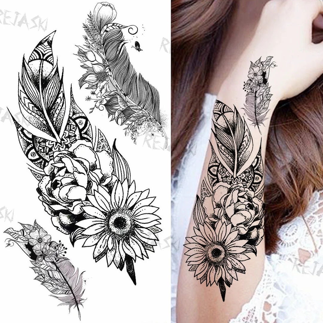 Sexy Snake Flower Fake Temporary Tattoo For Women Black Sunflower Tattoos Bloosom Big Daisy Camellia Water Transfer Tatoos Legs