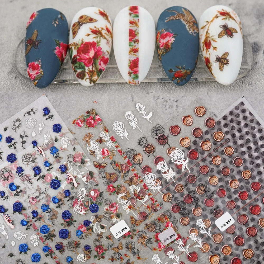 3D Engraved Nail Art Stickers Black and white Leaf Flower high quality Water Decals Embossed Pattern Nail Water Slide Decals