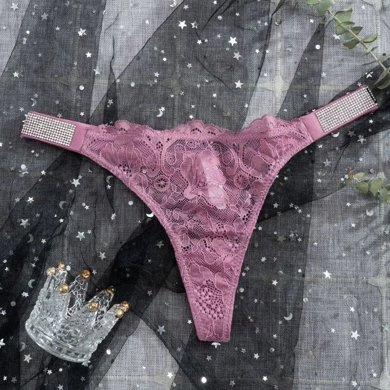 Letter Rhinestone Sexy Underwear Hip Lifting Panties Thong Low Waist Temptation Tanga Female Transparent Lace G-String Lingerie