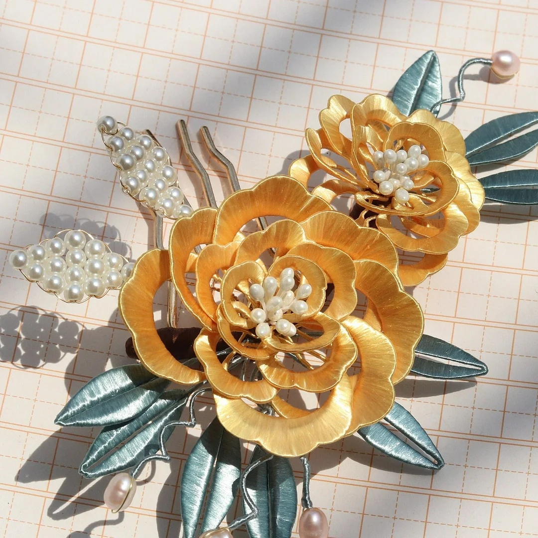 Silk Wrapped Flowers Pearl Hairpin Hanfu Headdress